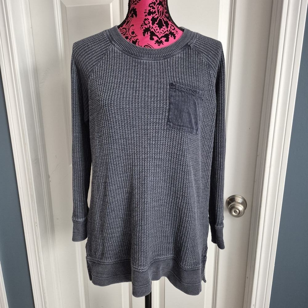 Soft Surroundings Tunic Top Large Petite Gray Blue Waffle Knit Thermal Lounge